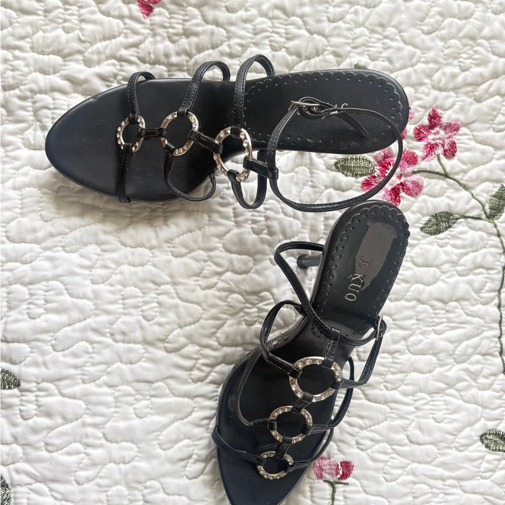 Elegant Black Strappy Heels with Silver Accents